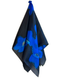 Foulard carré de soie Noir fleurs outremer